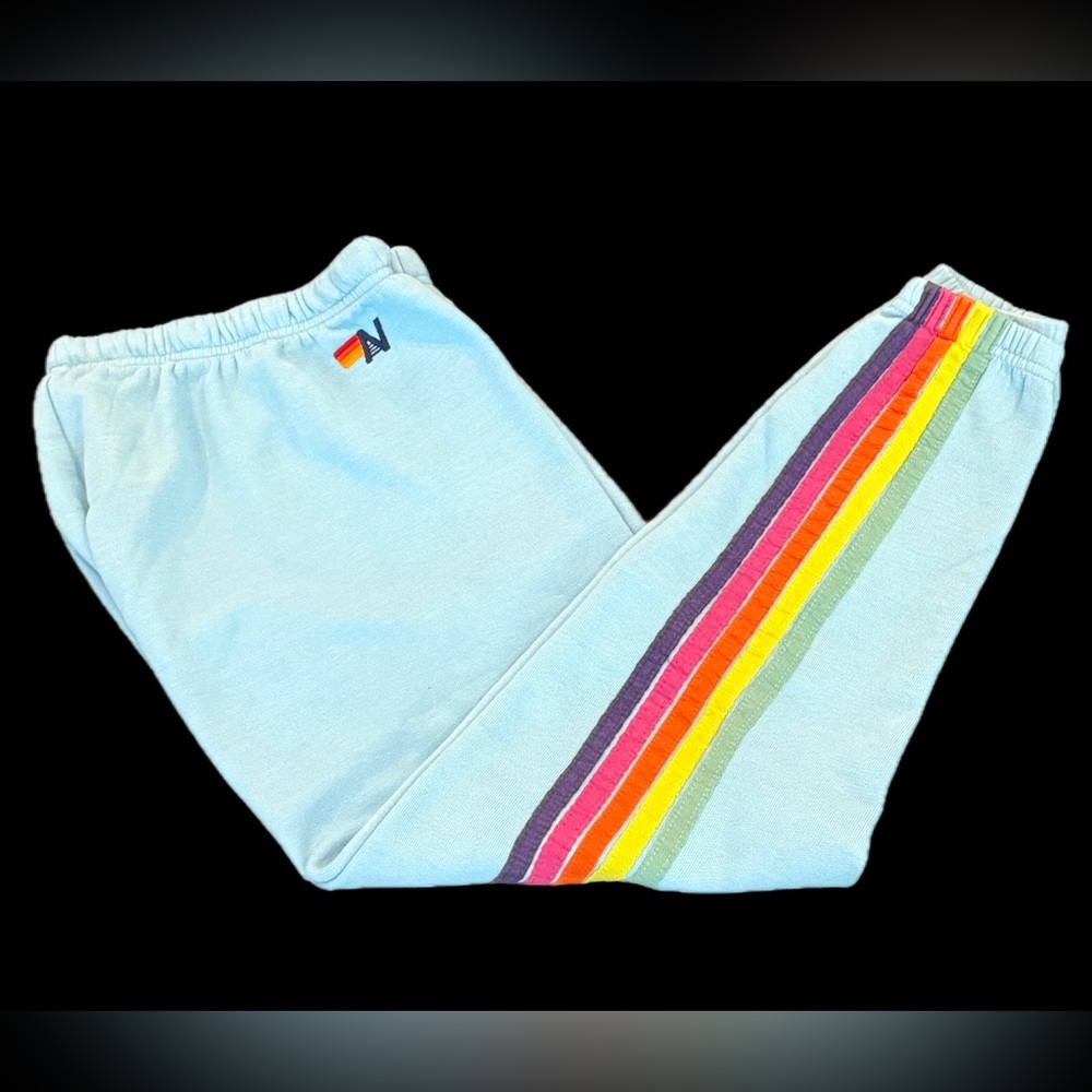 Aviator Nation 5-stripe Light Blue Sweatpants with Rainbow Stripe - Picture 3 of 6